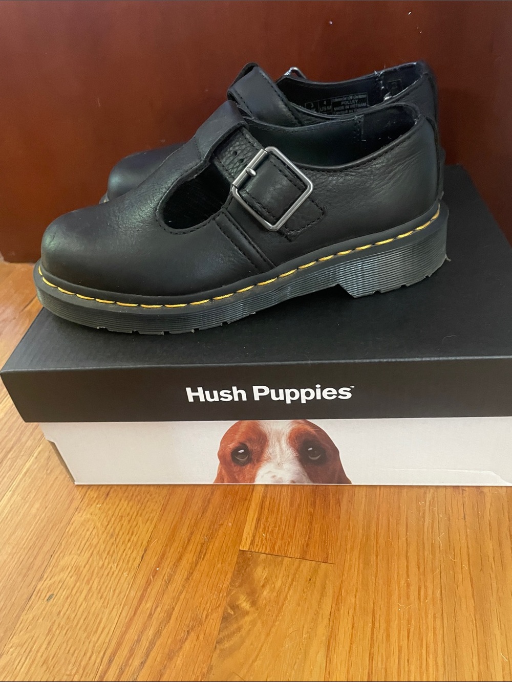 Dr. Martens Kids Black Leather Mary Jane with Yellow Stitching
